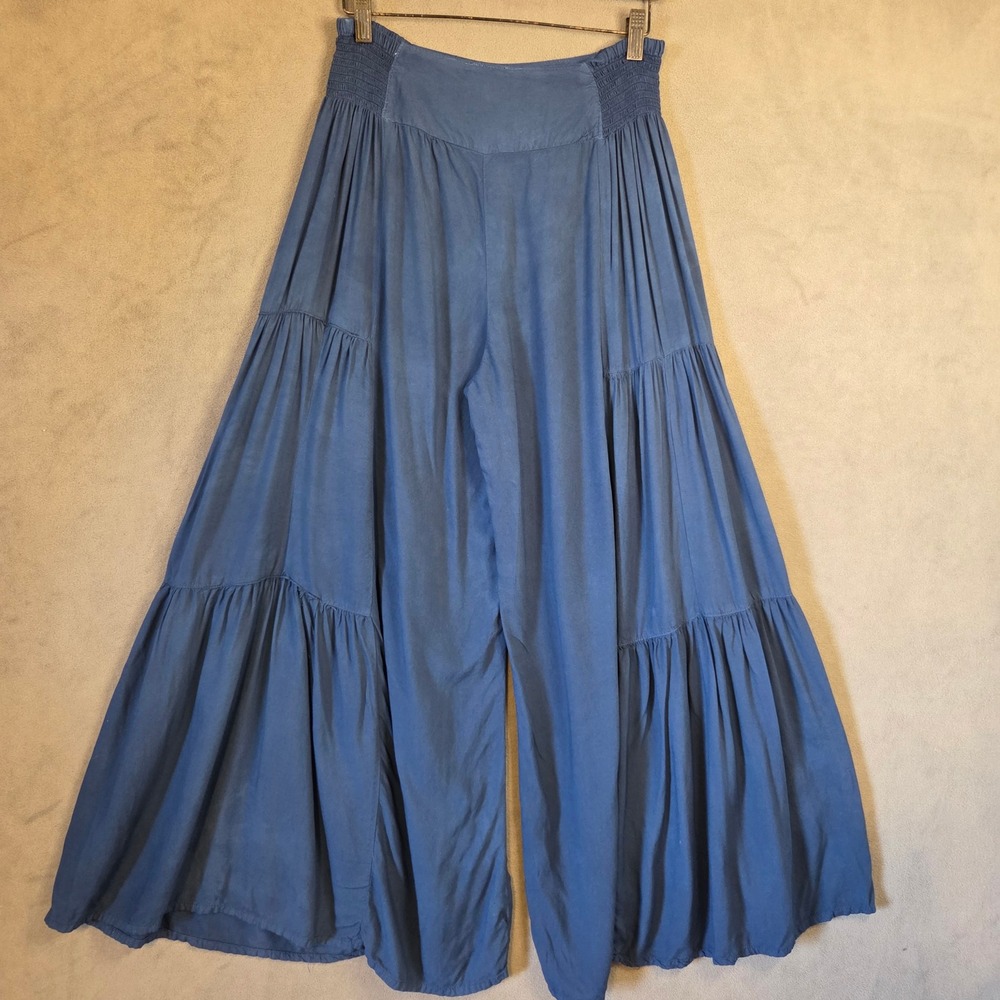 Angie Wide Leg Tiered Palazzo Pants Women's Large Boho Smocked Coastal